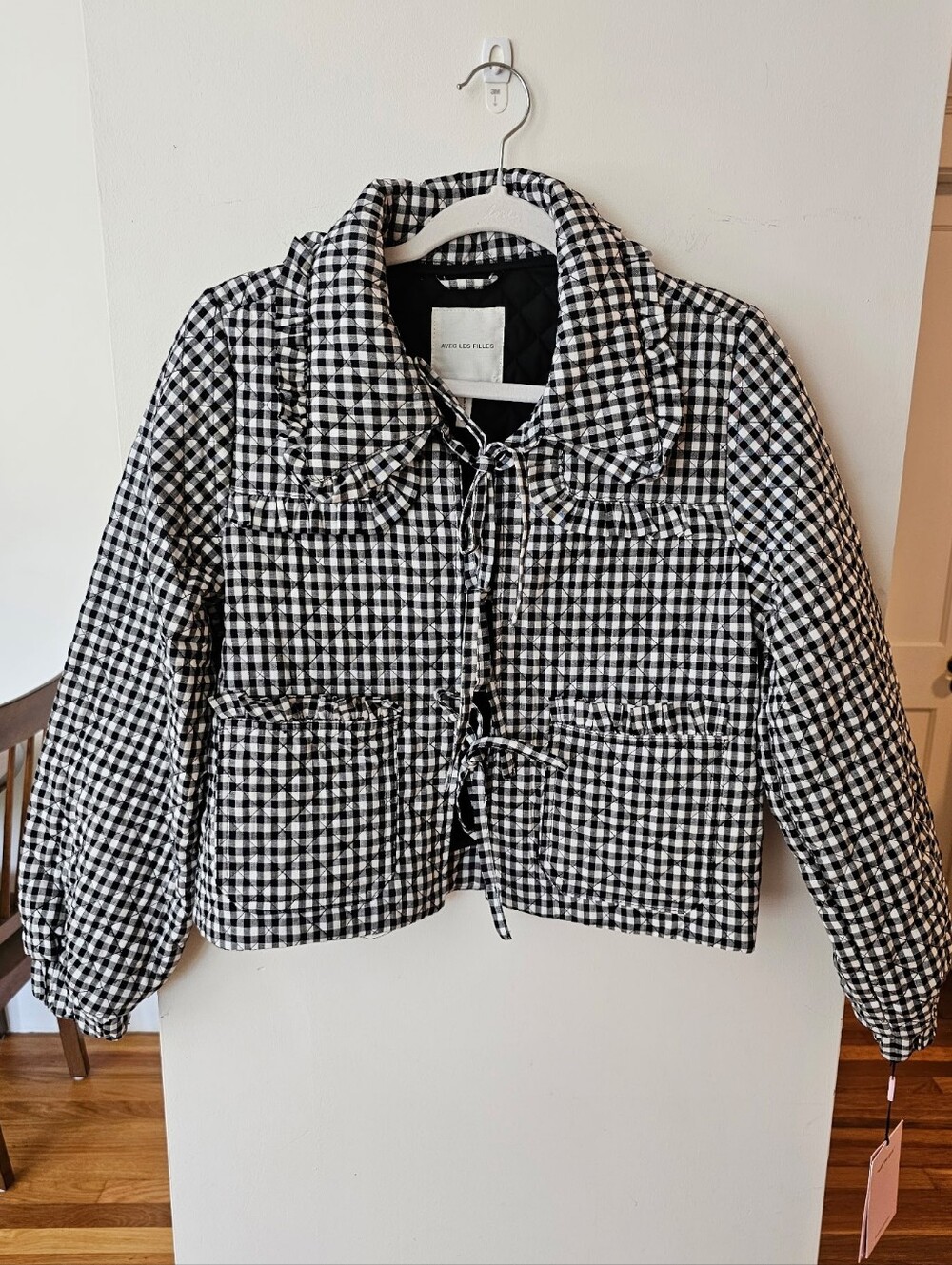 NWT Ave Les Filles Black & White Gingham Tie Jacket